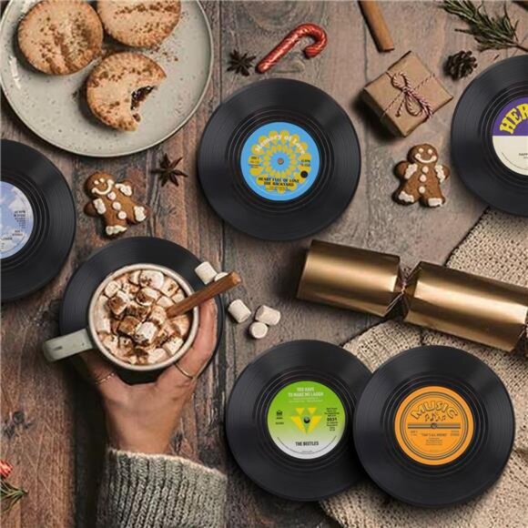 Funny Retro Record Coasters for Drinks with Vinyl Player Holder for Music - Picture 1 of 8